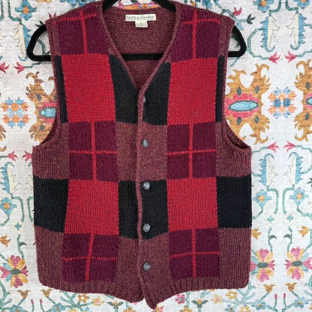 Smith & Hawken Wool Blend Buffalo Plaid Button Front Sweater Vest Red Black‎ M